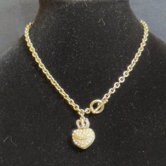 Juicy Couture Silver-Tone Crown Puff Heart Charm Necklace Toggle Closure Vintage - Picture 9 of 9